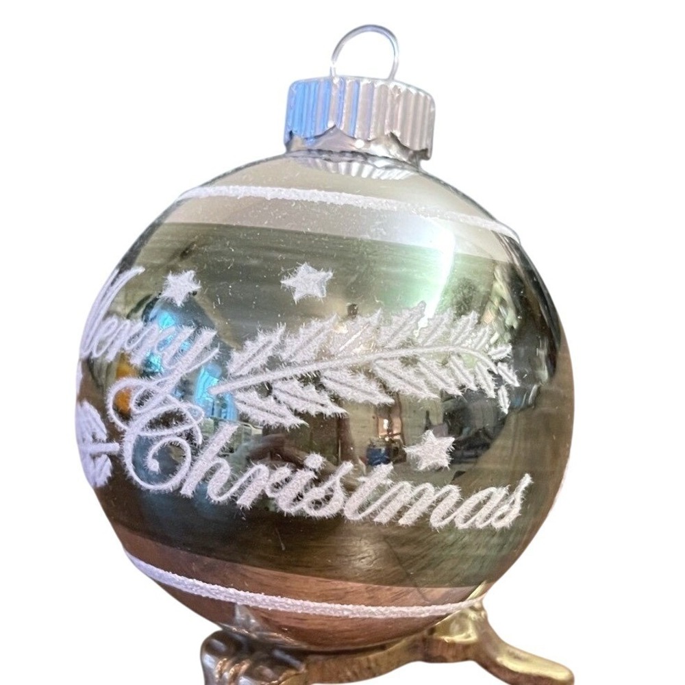 3" Radko Shiny Brite Stenciled Flocked Ornament Merry Christmas green white MCM
